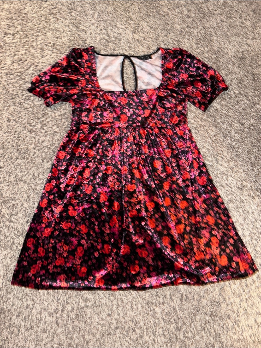 Women Black Floral Velvet Dress with Red and Pink Accents